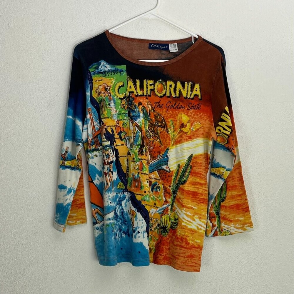 90s Y2K Vintage Artscapes Top California Map Beaded Embellished 3/4 Sleeve Large